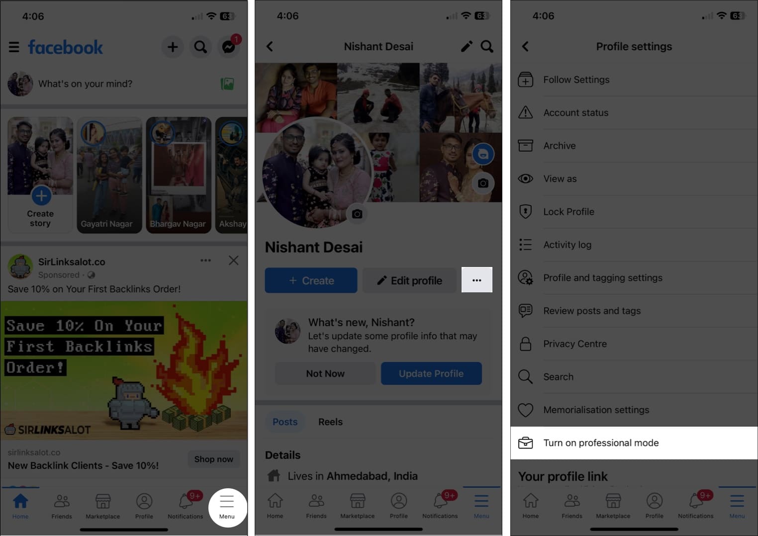 Tap the menu icon three dot icon turn on professional mode in facebook