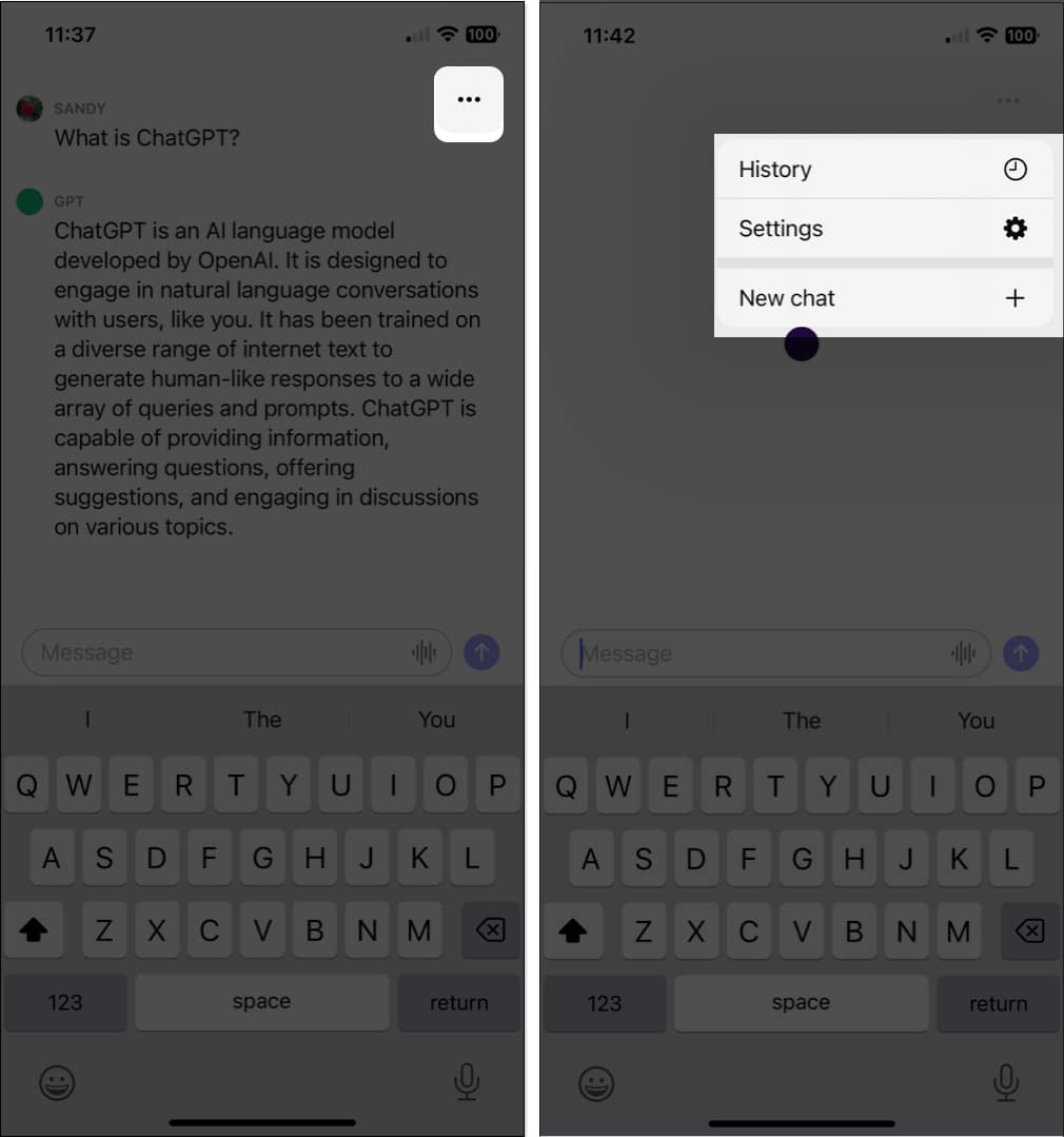 Tap the three dots and pick New chat in ChatGPT iOS app