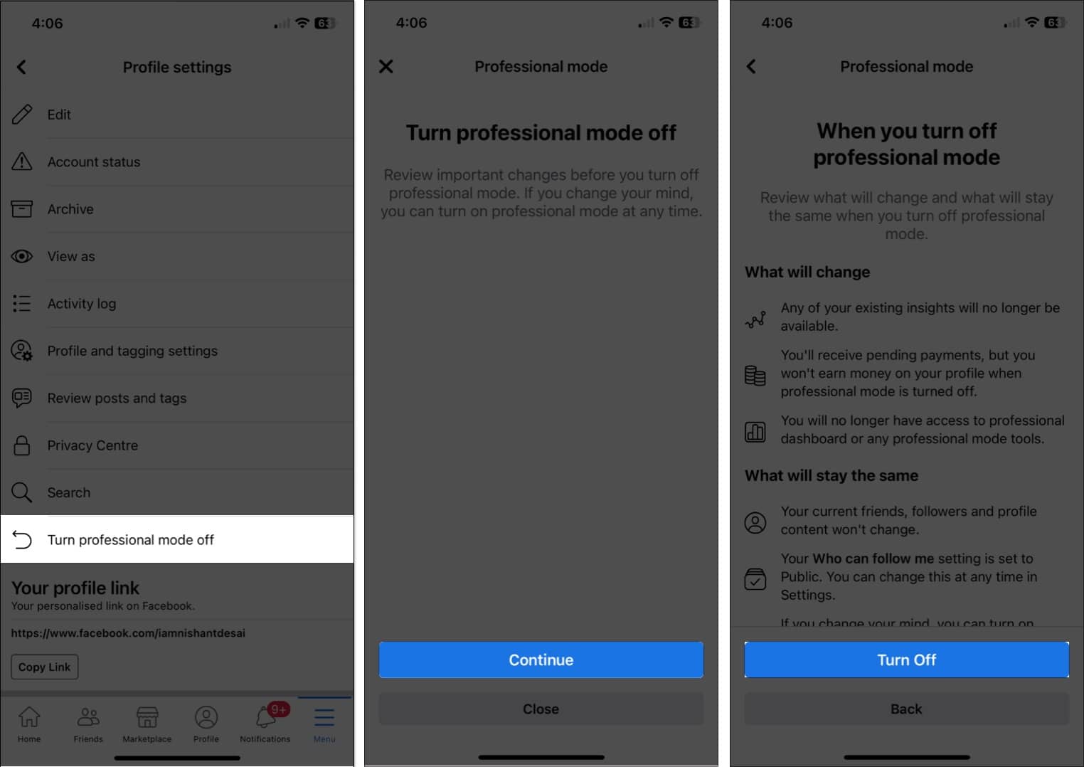 Tap turn of professional mode continue turn off i facebook app