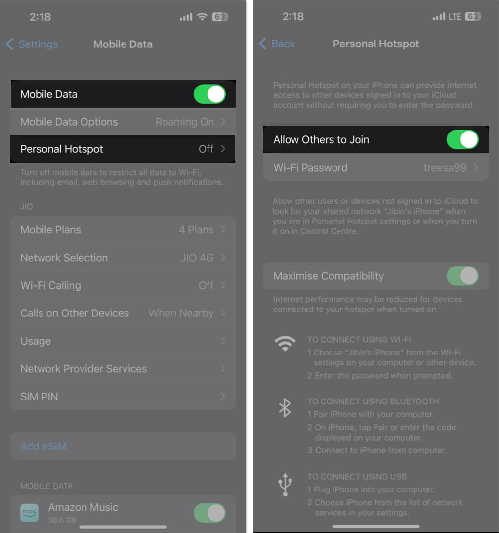 toggle on mobile data and enable allow other to join in settings