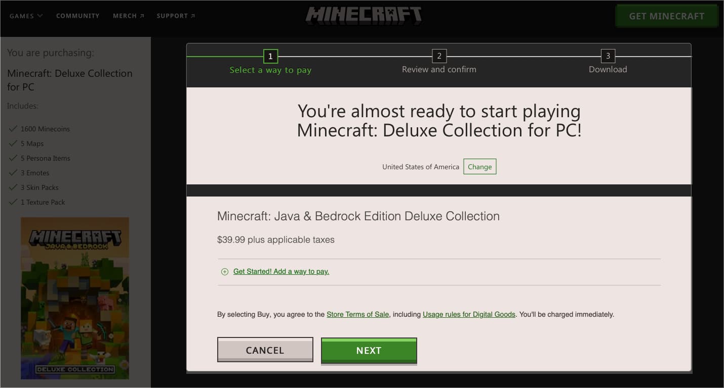 Click Get Started Add a way to pay Choose preferred payment method in Minecraft