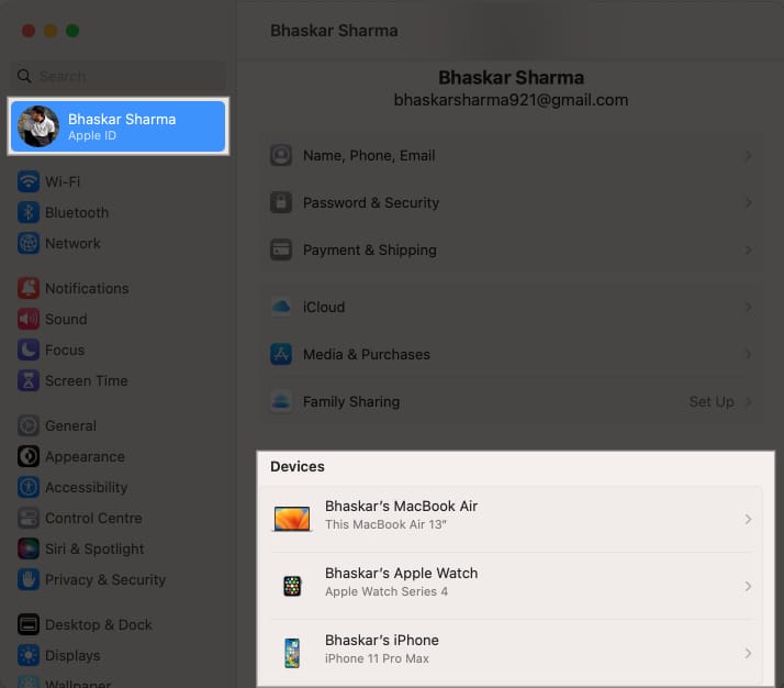 Click your name head to the Devices section and click on your device