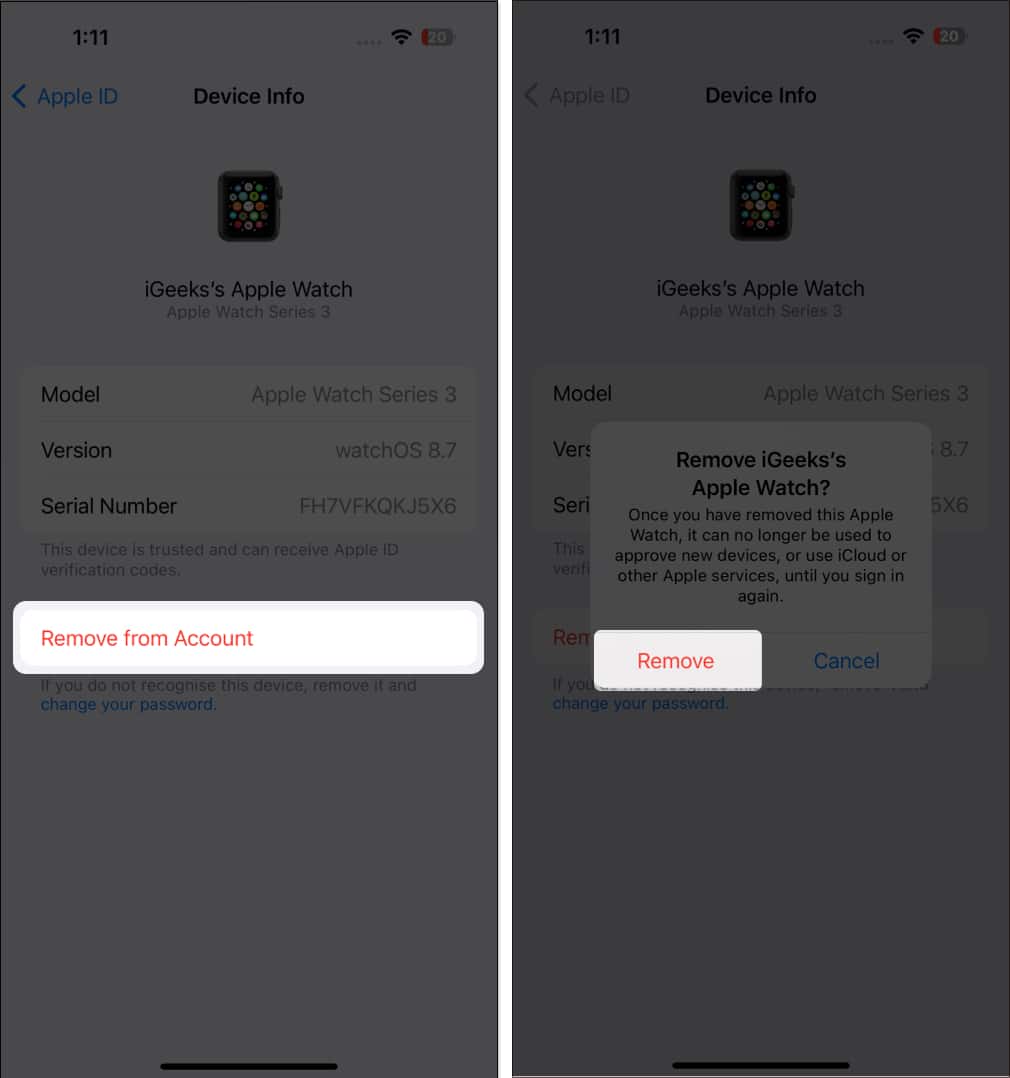 Delete a device using iPhone iPad and Apple Watch