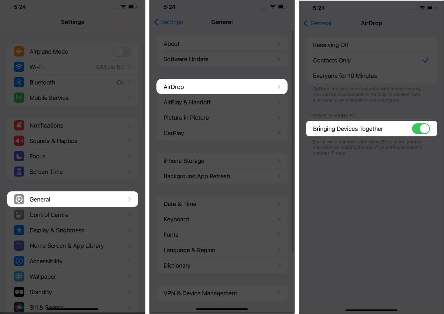 General AirDrop Toggle on Bring devices Together