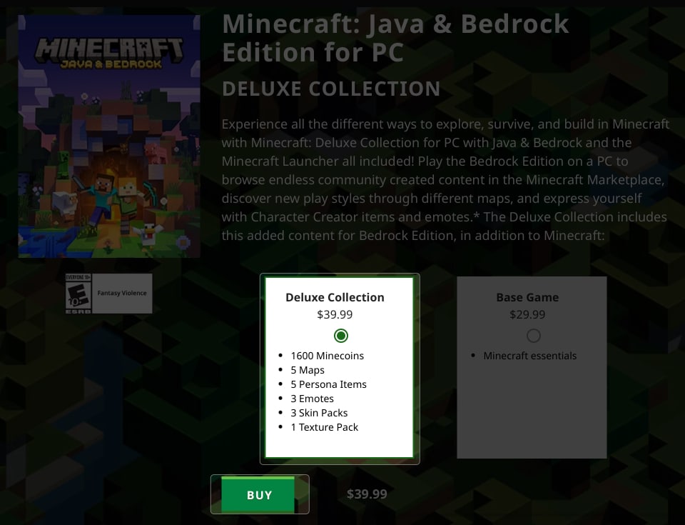 Select Deluxe Collection Tap BUY in Minecraft