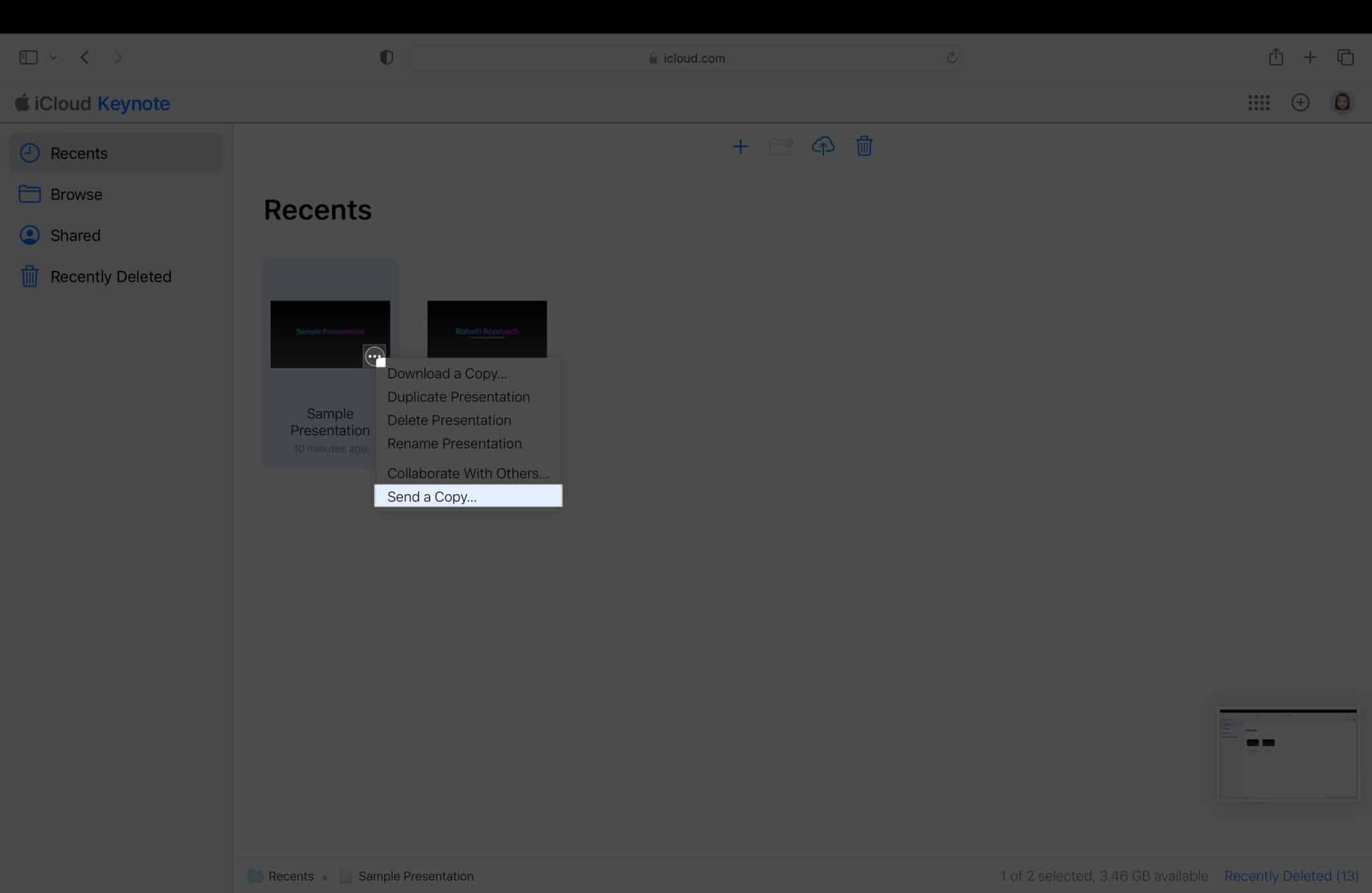 Send as copy the selected keynote file