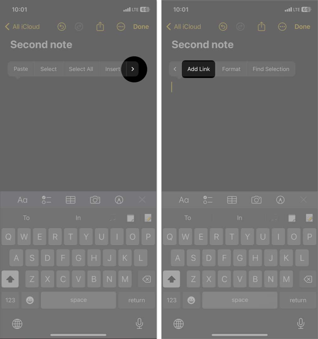 double tap cursor swipe right tap add link in Notes