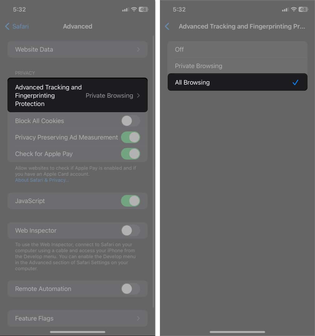 tap advanced tracking and fingerprinting protection select all browsing in Settings
