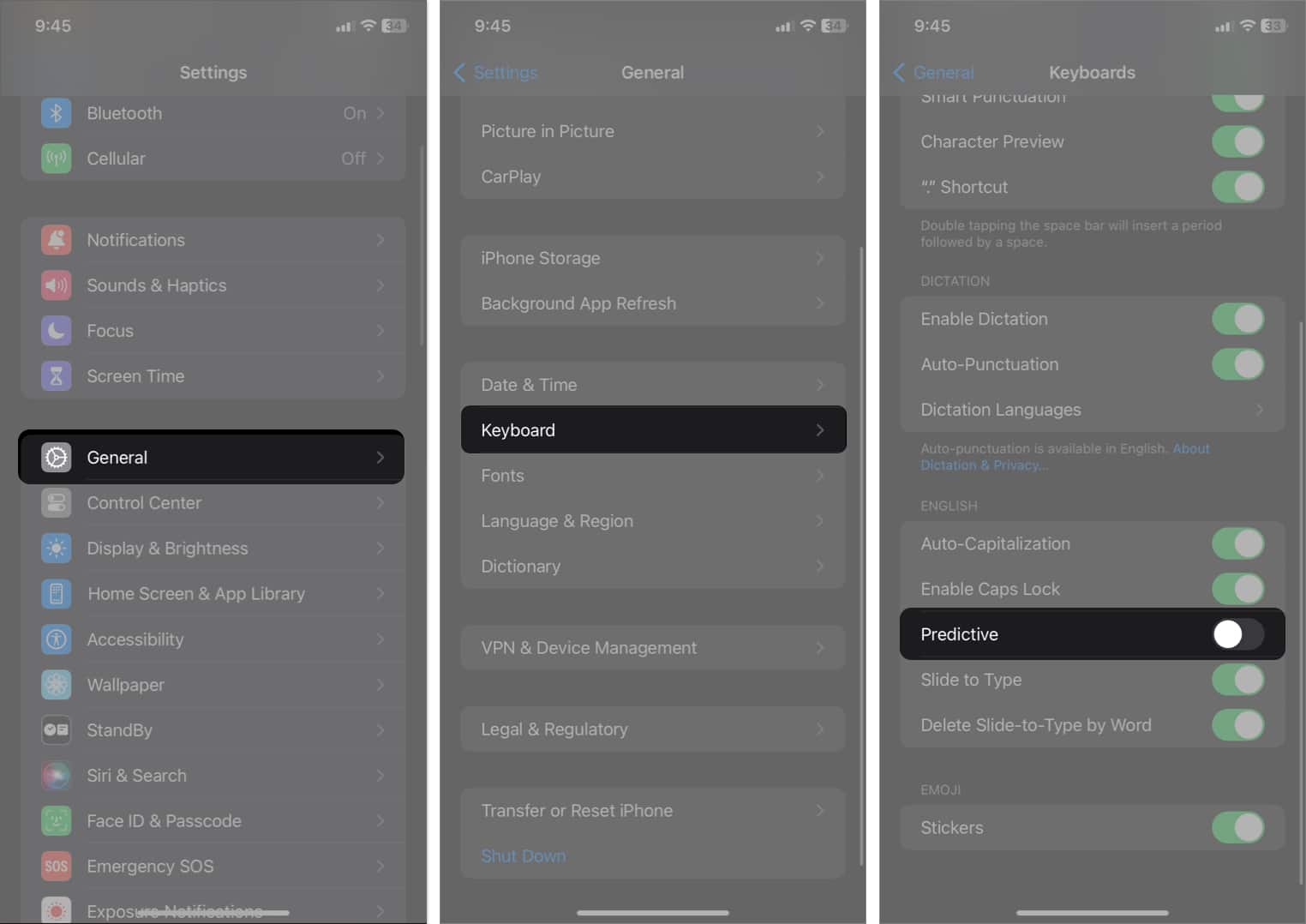 tap general tp keyboard toggle off predictive in settings