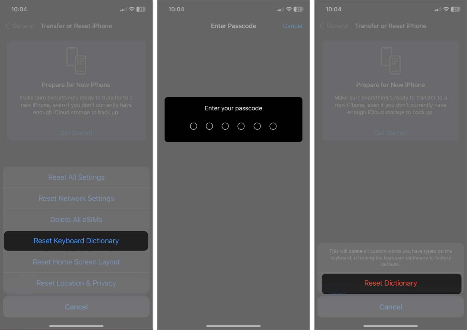 tap reset keyboard disctionary enter passcode tap reset disctionary in settings