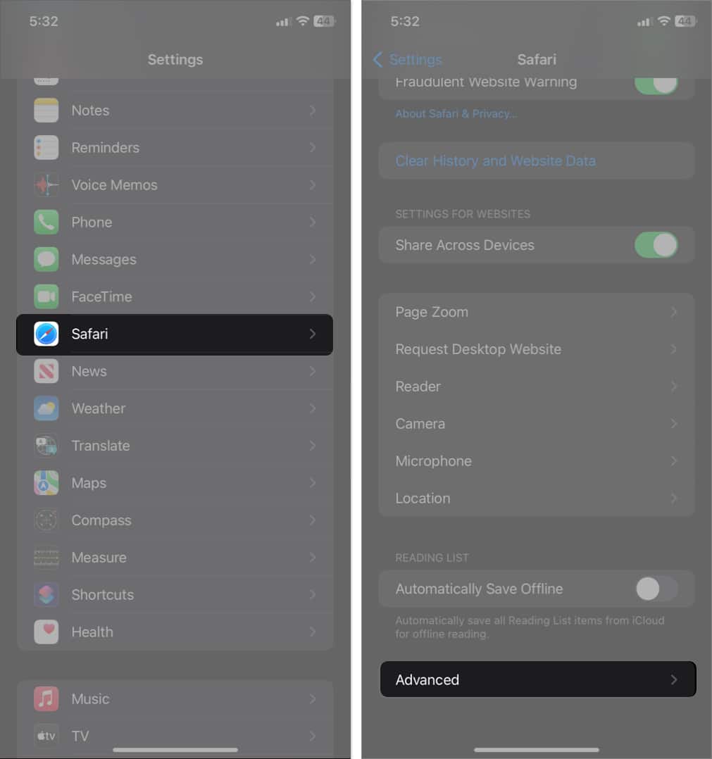 tap safari tap advanced in settings