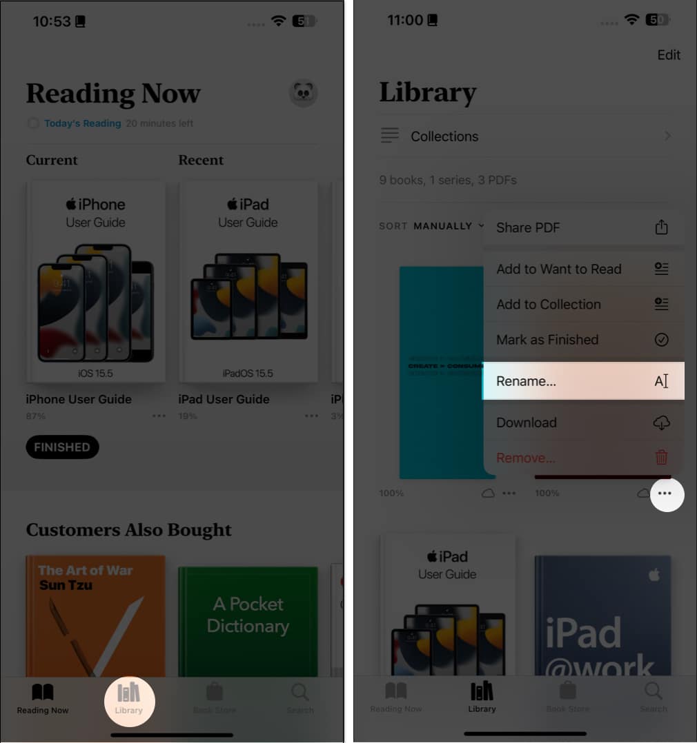 Access library and rename a file in the books app