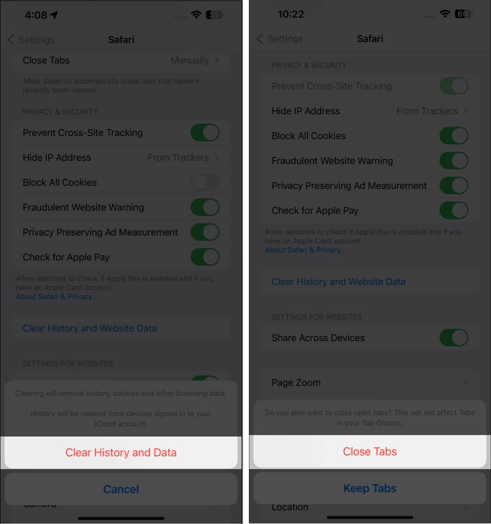 Clear history and data close tabs in the settings app