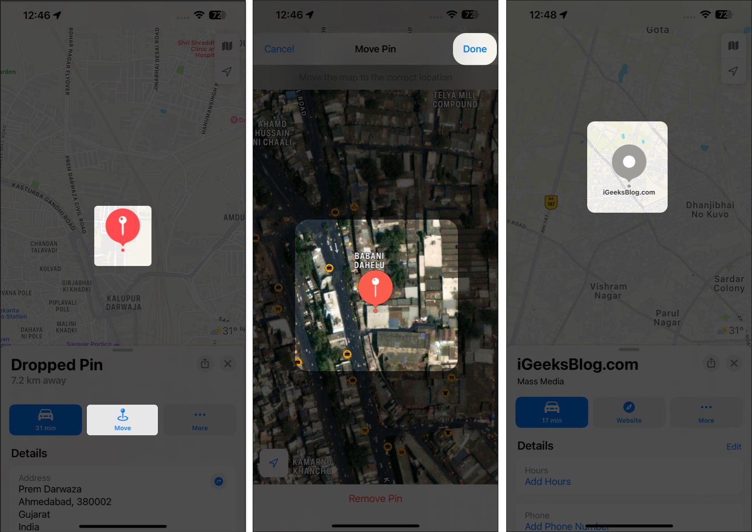 Long press a location tap more tap done to pin a location in Apple Maps