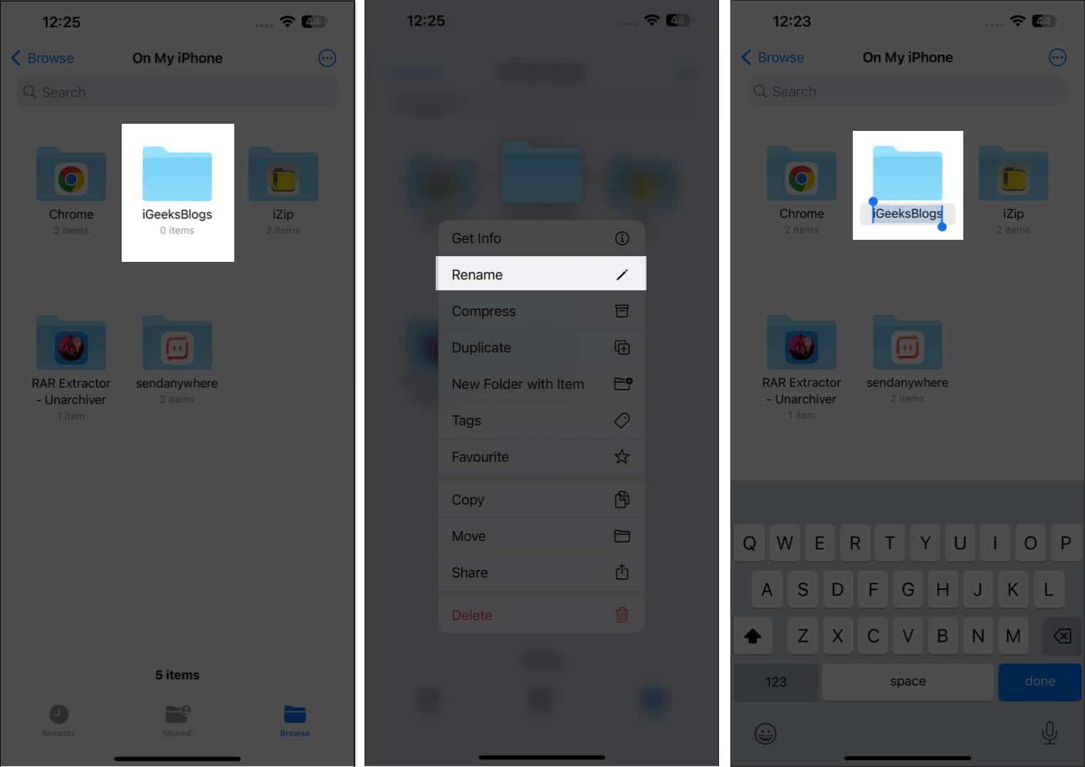 Press and hold the folder tap rename tap the title in the files app to rename
