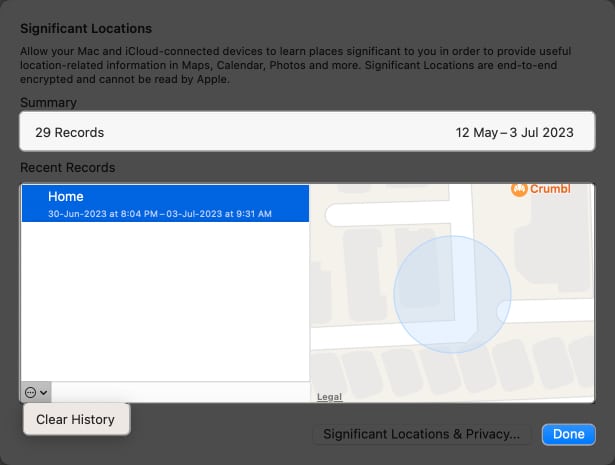 See Summary recent records and clear history in Significant locations