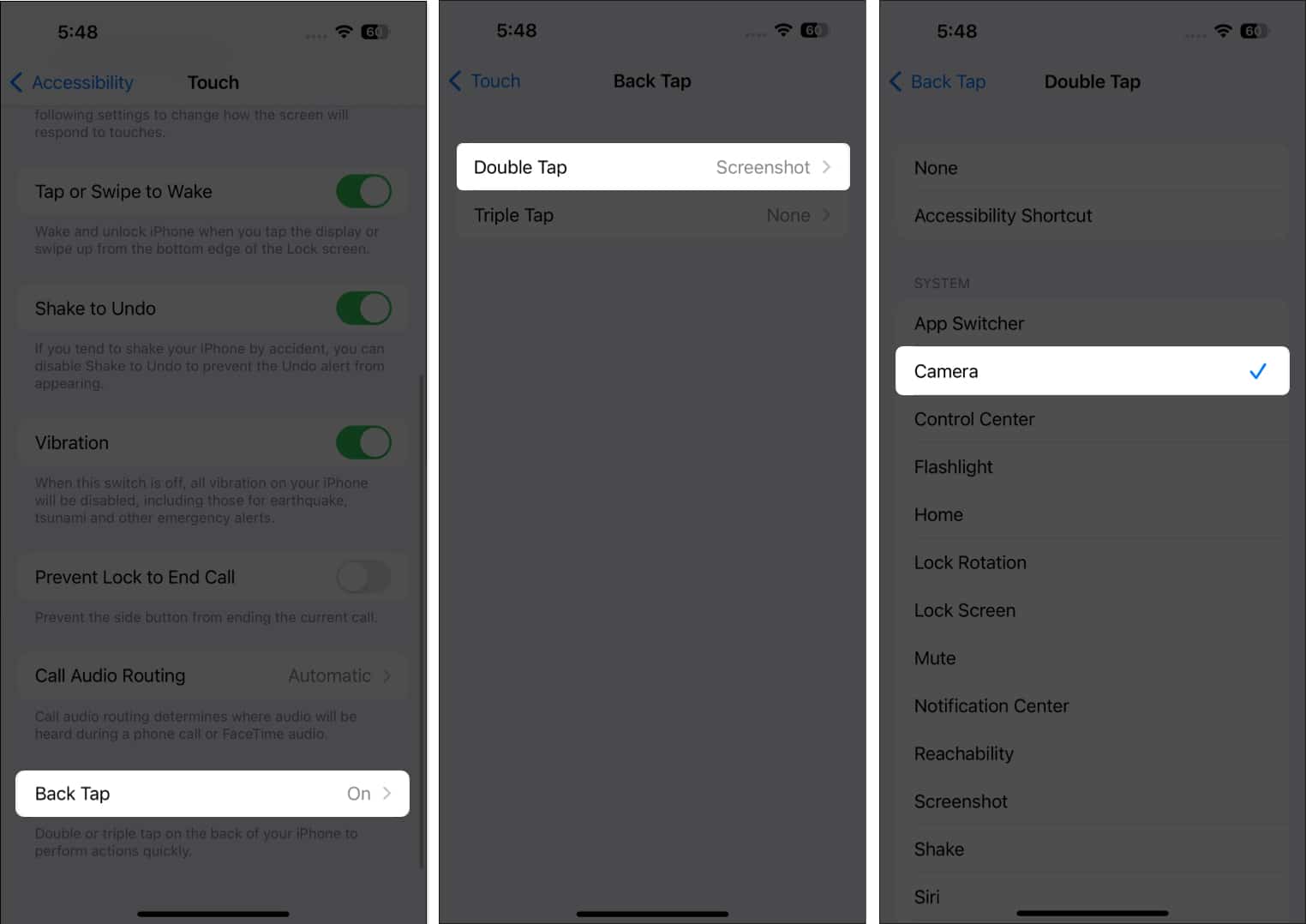 Select Double Tap Choose Camera