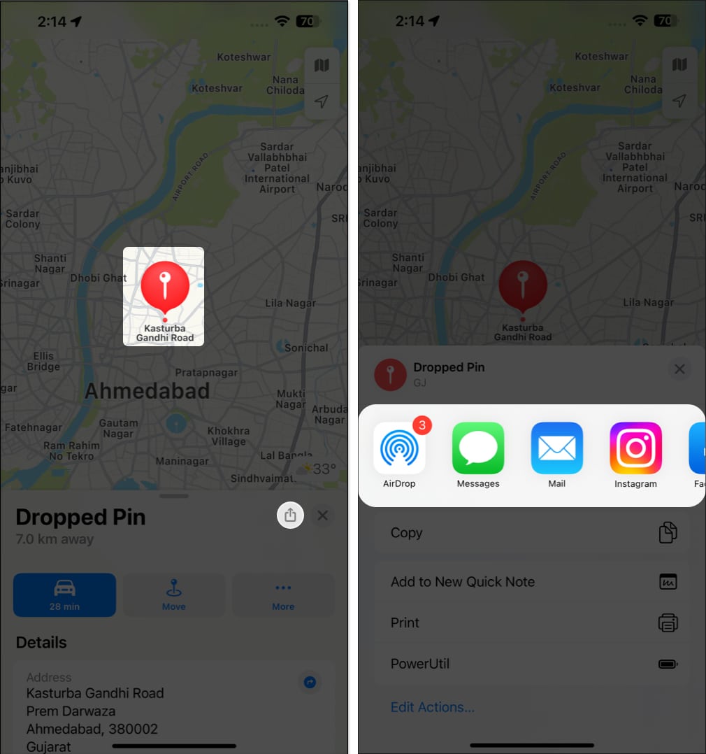 Select a location tap the share icon in Apple Maps