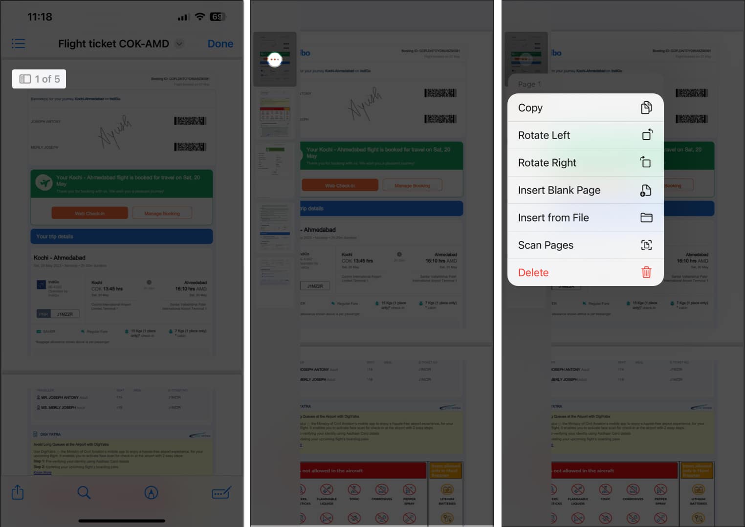 Select pages in PDF tap the three dot icon select an option in PDF