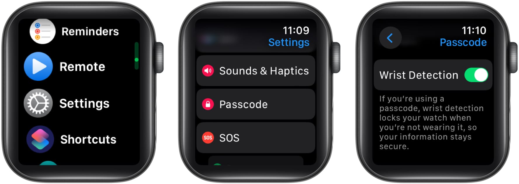 Select settings passcode wrist detection in apple watch