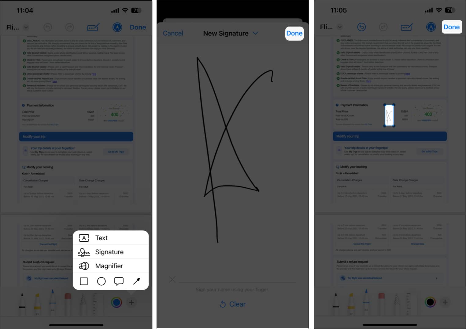 Select signature create a sign tap done place it on the pdf tap done in pdf editor