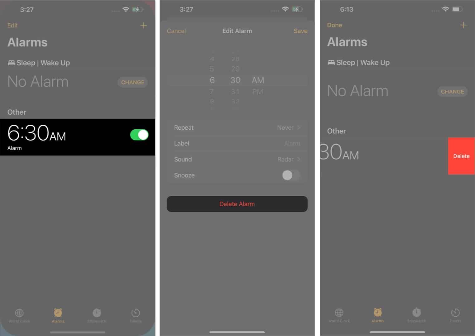 Select the alarm tap delete option