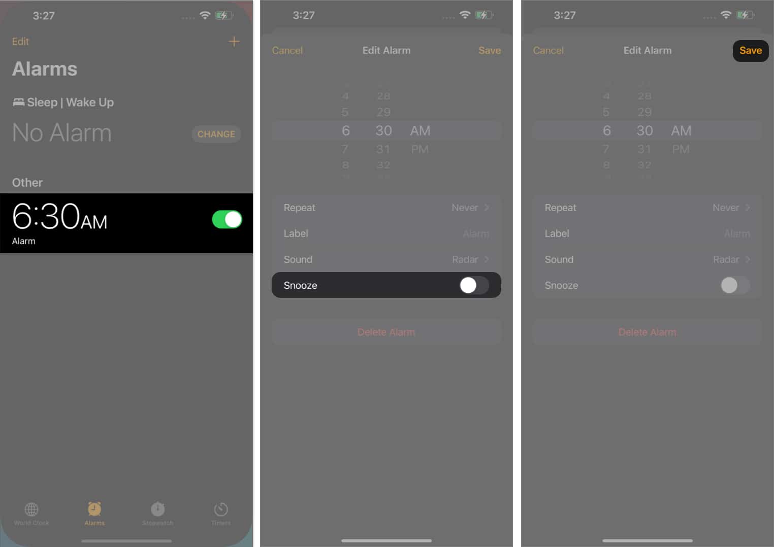Select the alarm toggle off snooze option tap Save