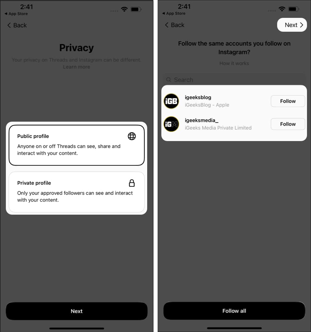 Select the profile type Next follow the users in Threads