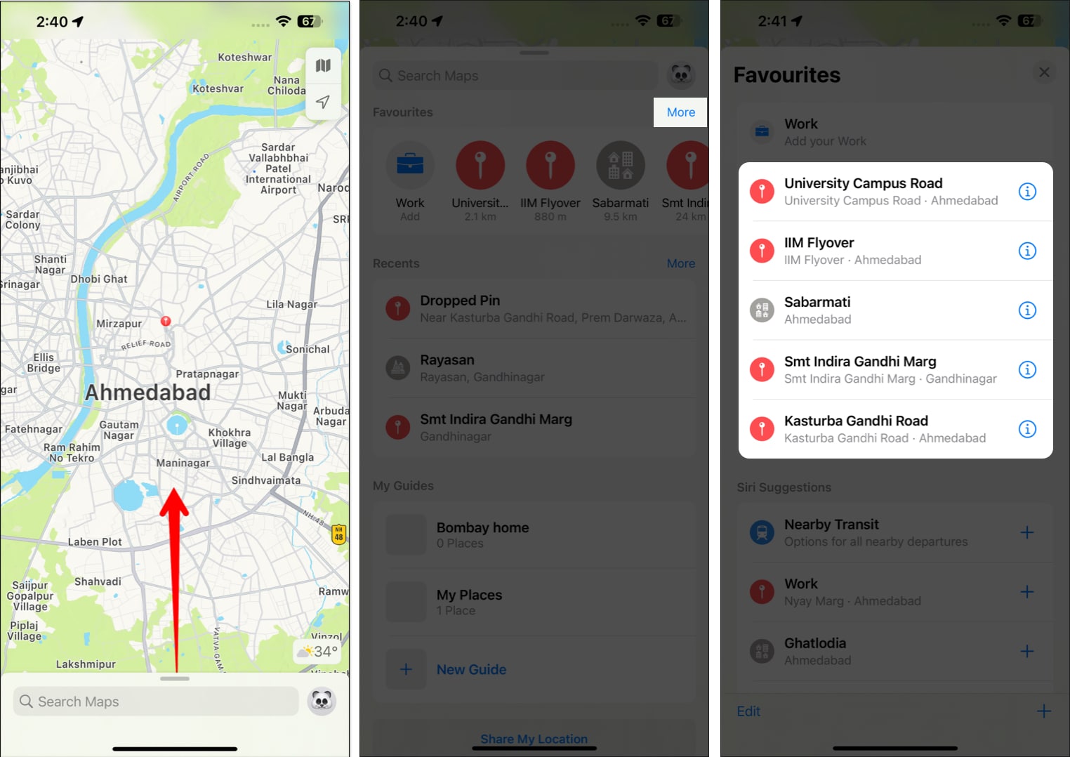 Swipe up Apple Maps tap more to access Favorites