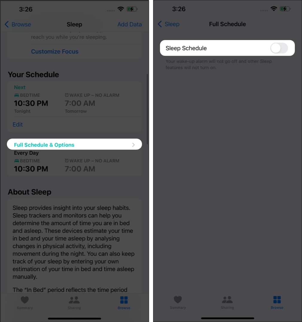 Tap Full Schedule  Options sleep schedule