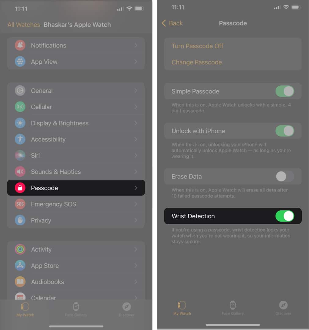 Tap Passcode toggle on Wrist Detection in Watch app