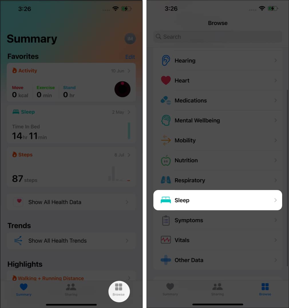 Tap browse select sleep option in health app