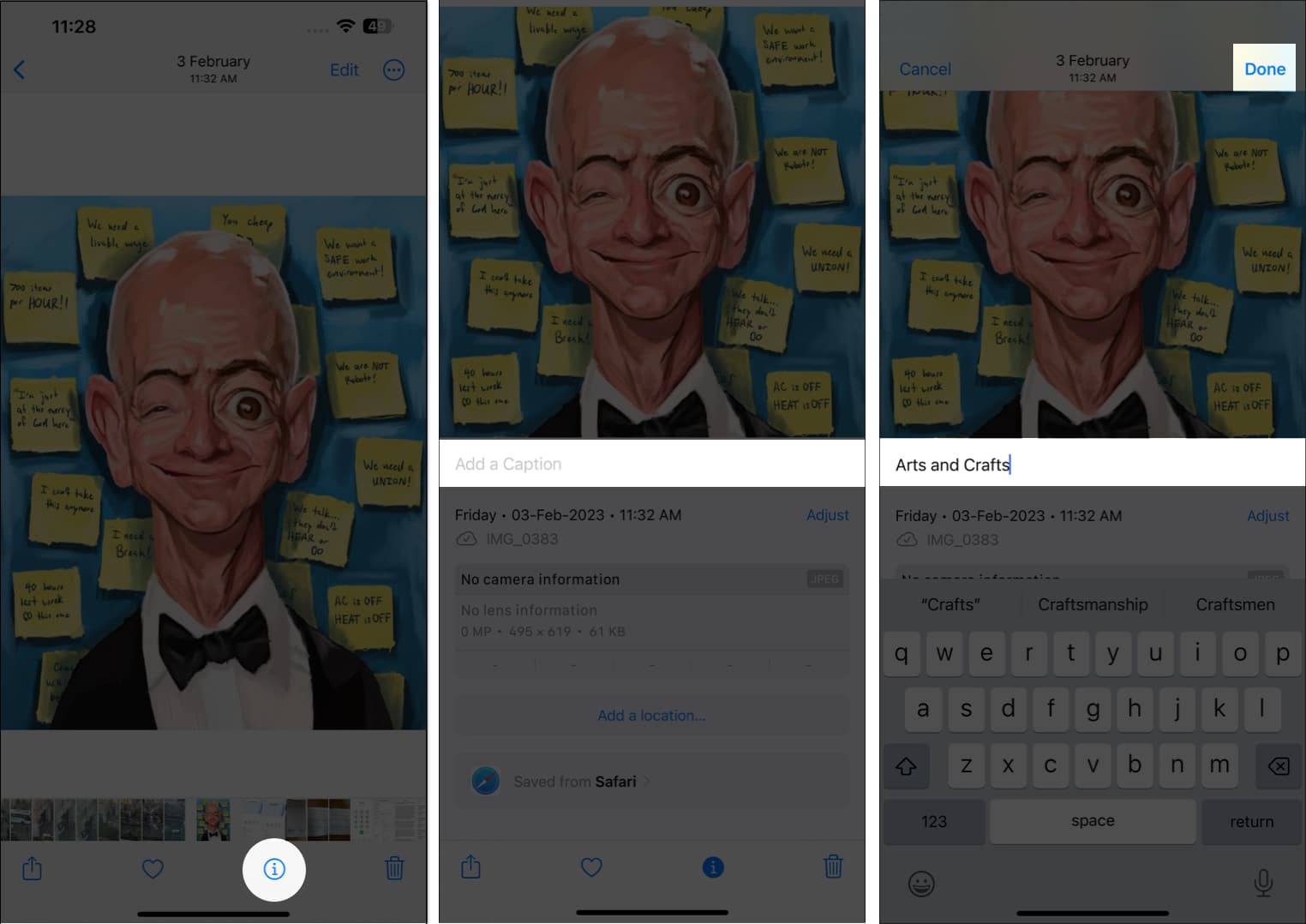 Tap info icon add caption tap done in the photos app