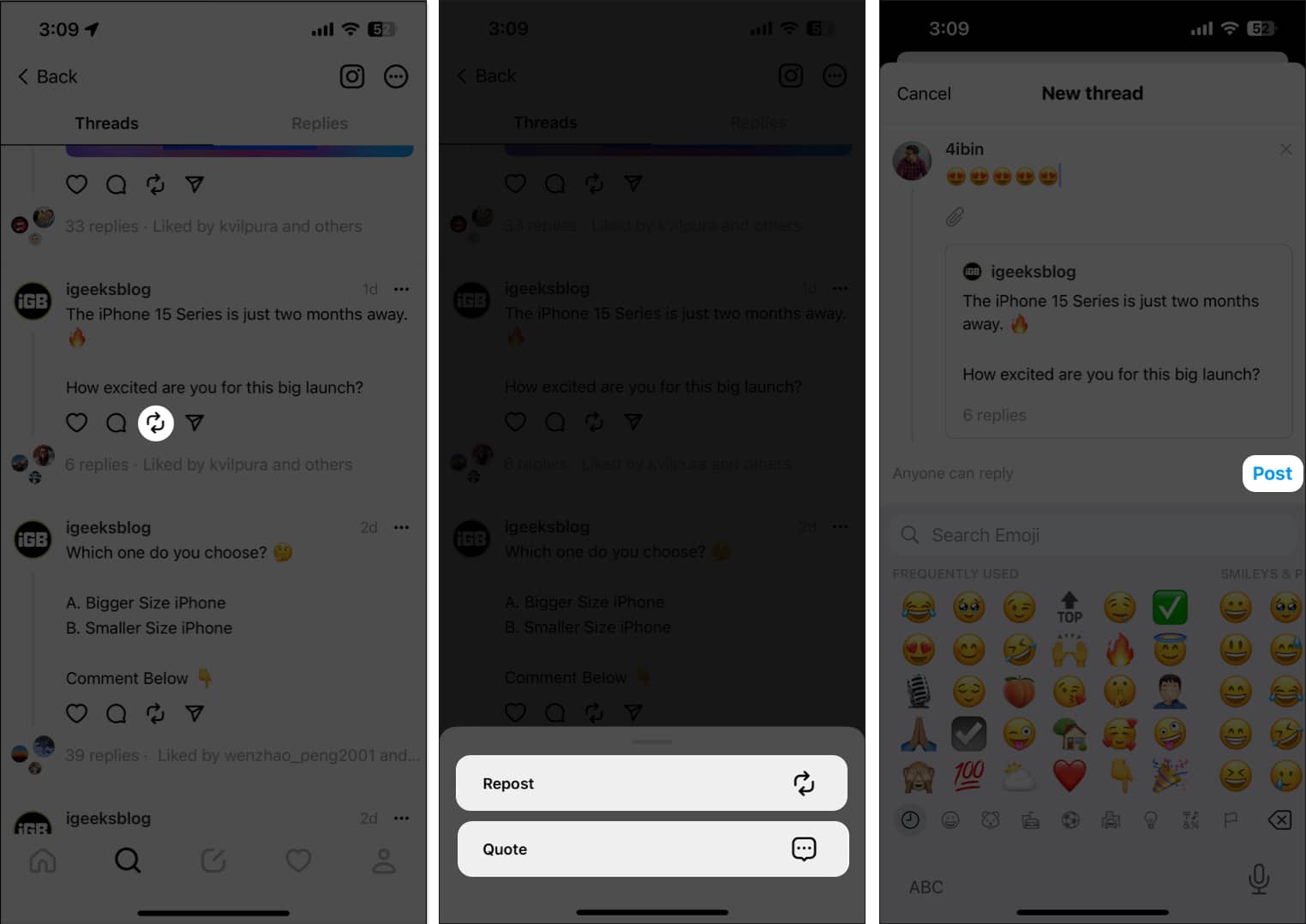 Tap repost choose either repost or quote post in Threads