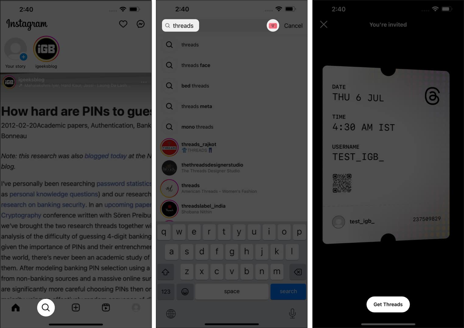 Tap search icon search Threads tap Get Threads in Instagram