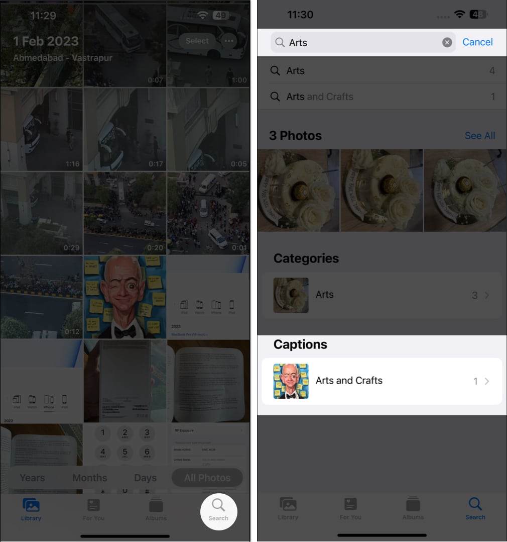 Tap search icon search with keywords in photos app