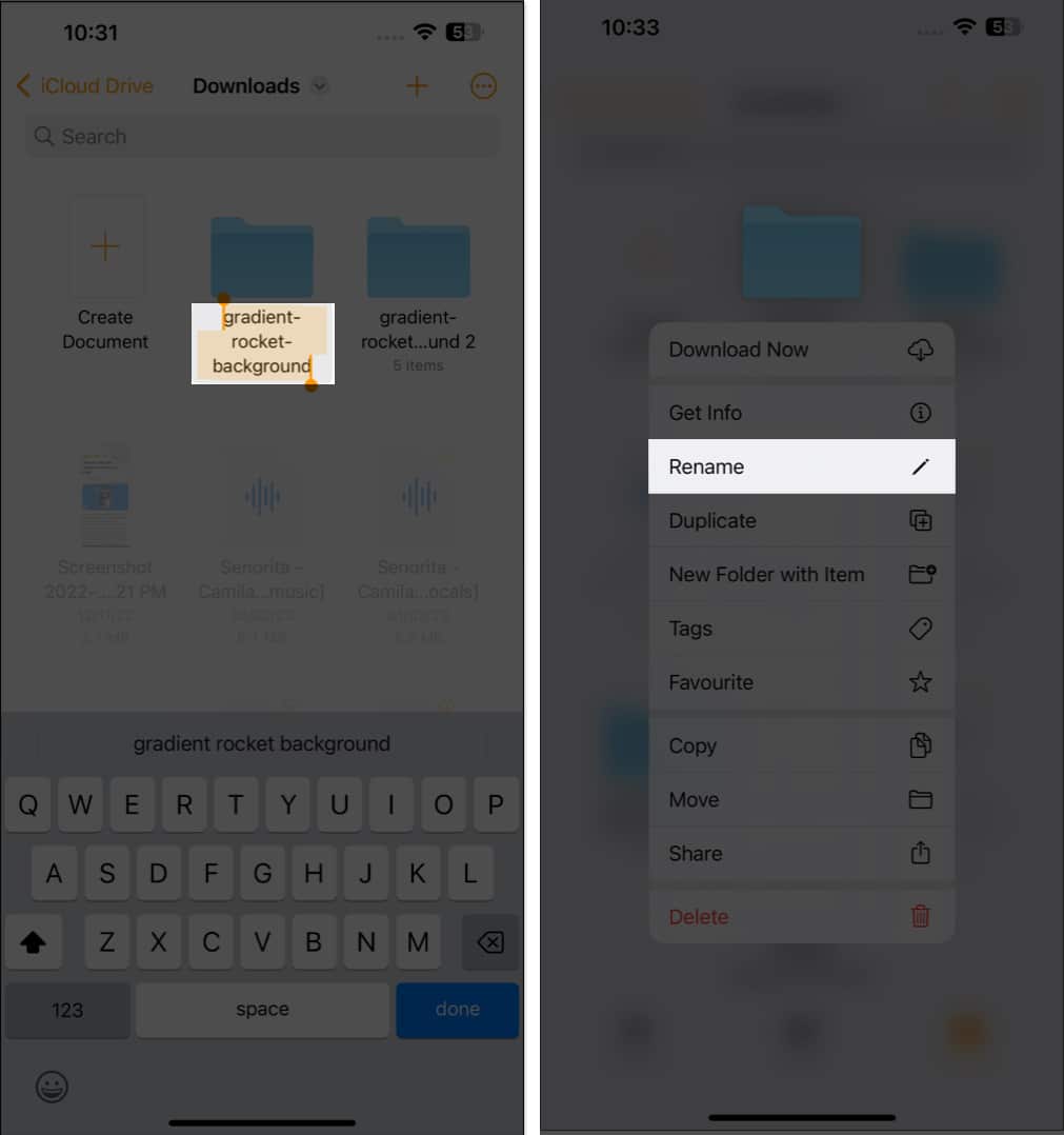 Tap the folder title tap the rename option in Files
