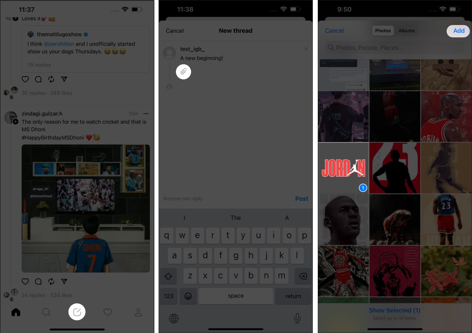 Tap the thread icon add a thread add a attachment
