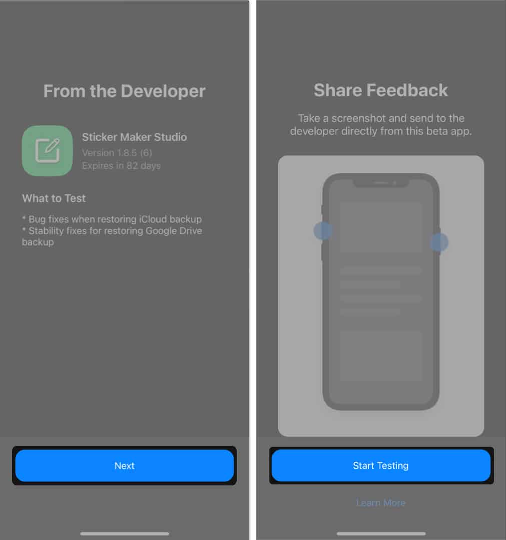 Test developer Tap Next Start Testing