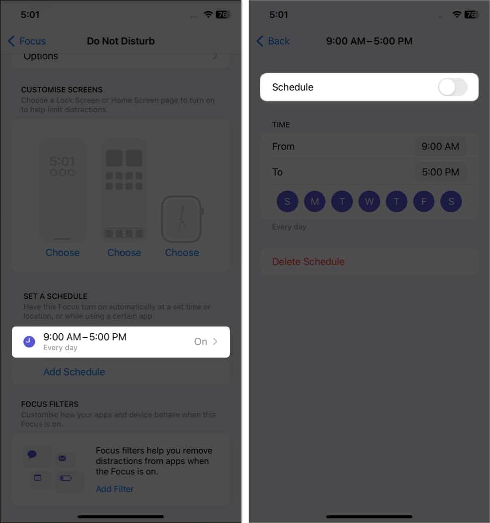 select a schedule toggle off schedule in focus settings