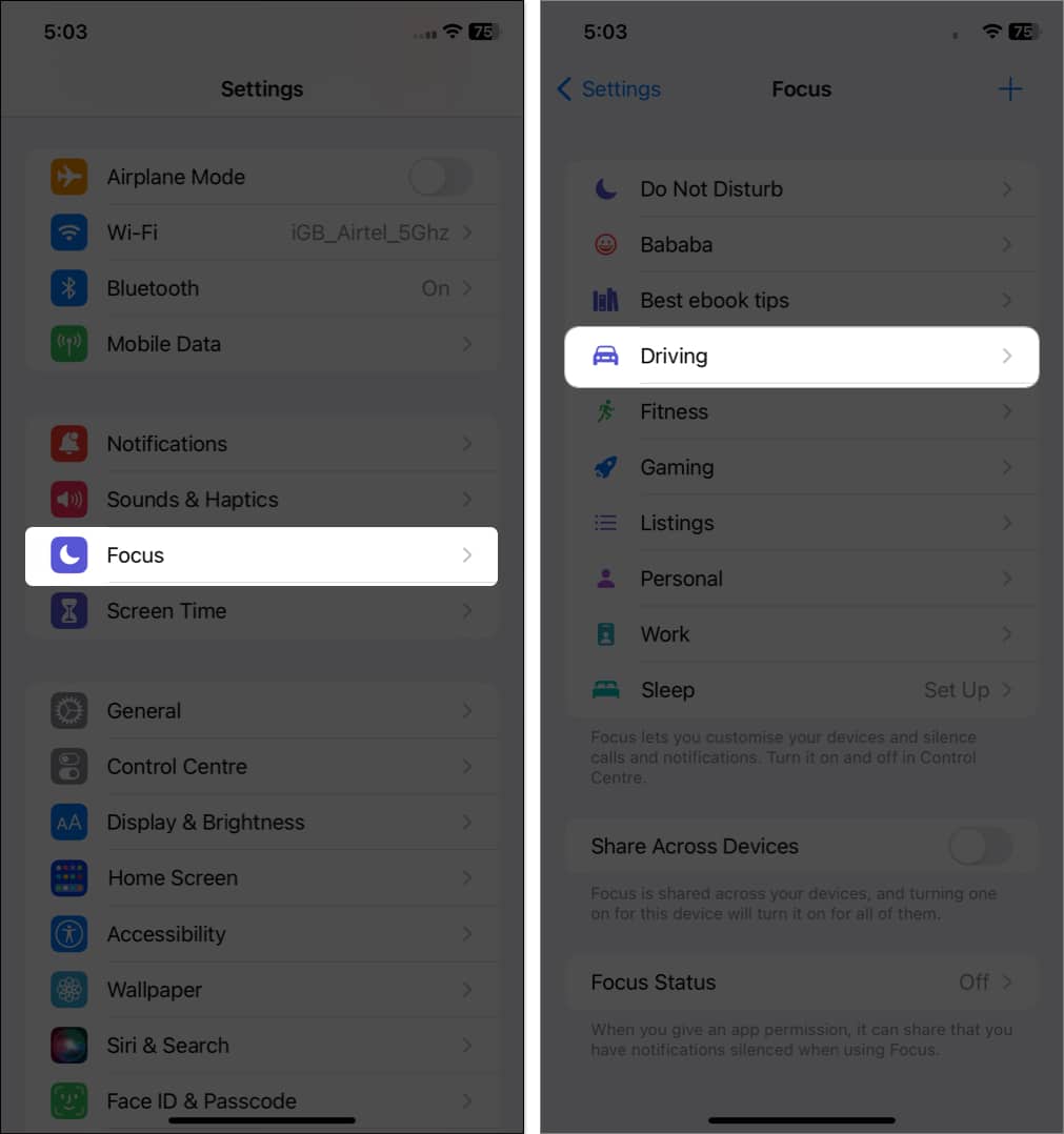 select focus tap driving in Settings
