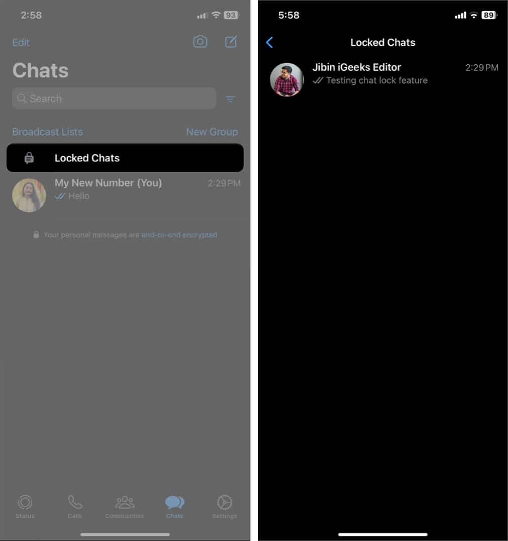 swipe down on chats tap locked chats open any chat on whatsapp
