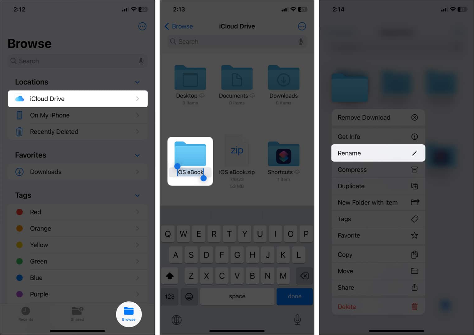 tap browse select location tap file title rename it in Files