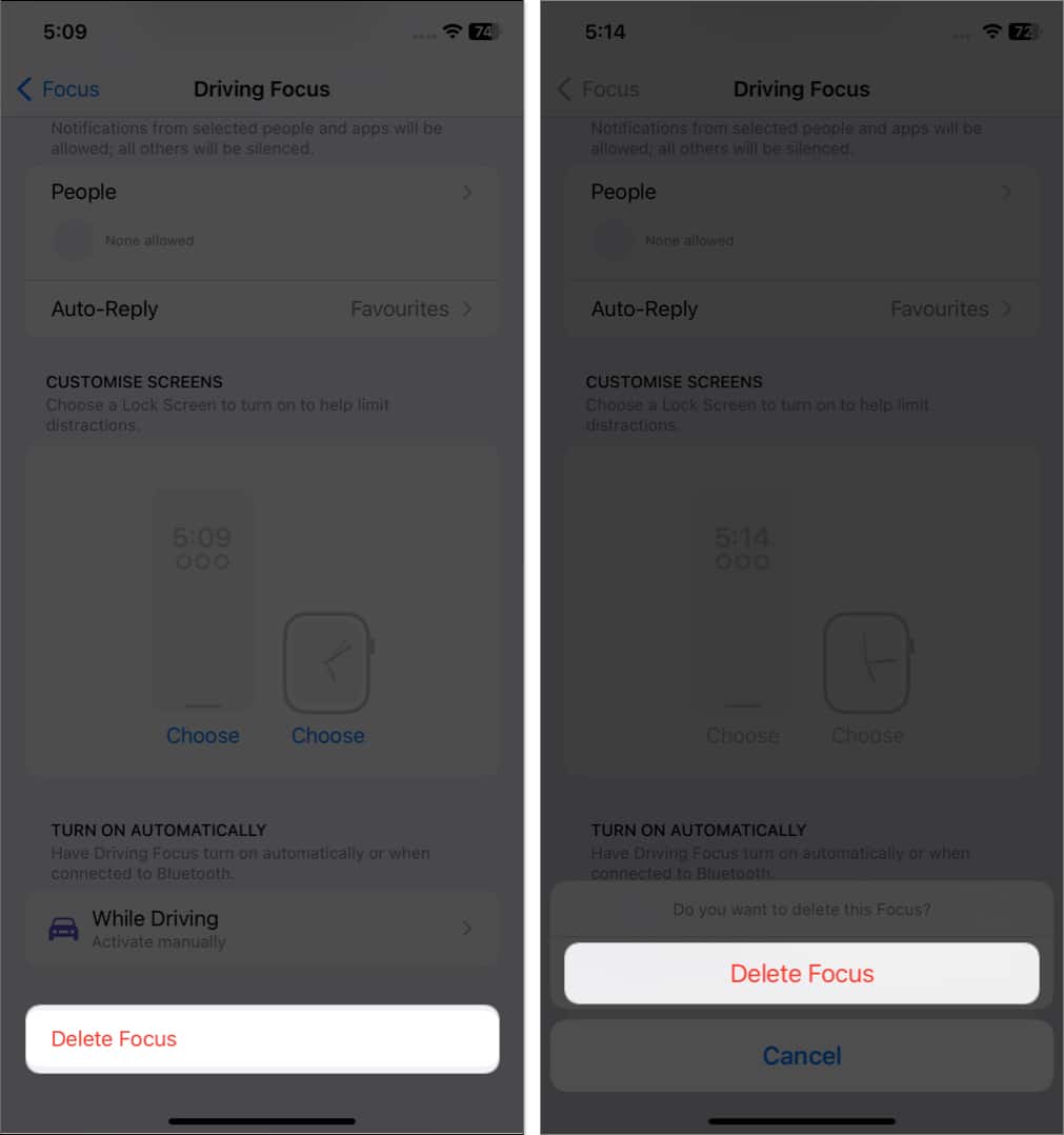 tap delete focus select delete focus in driving focus settings