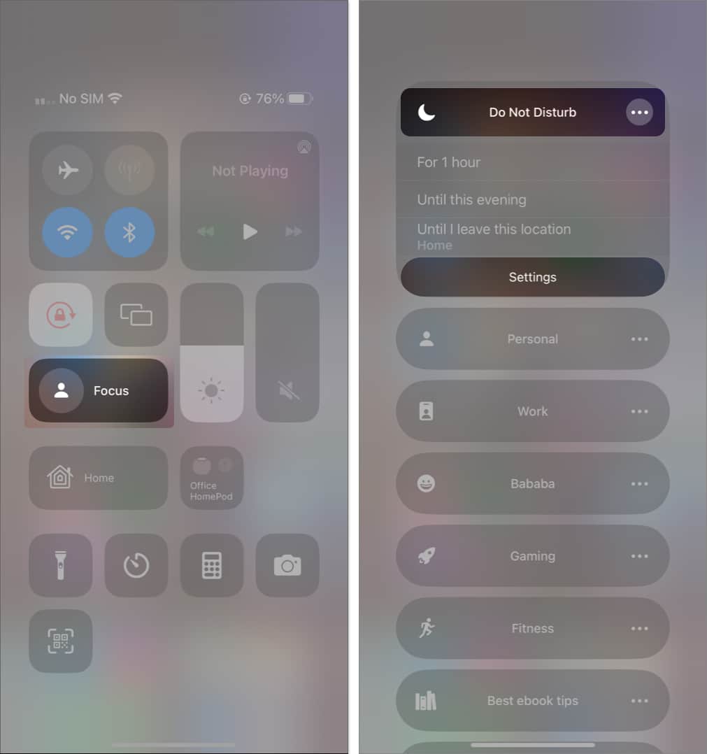 tap focus tap three dots beside do not disturb tap settings in control center