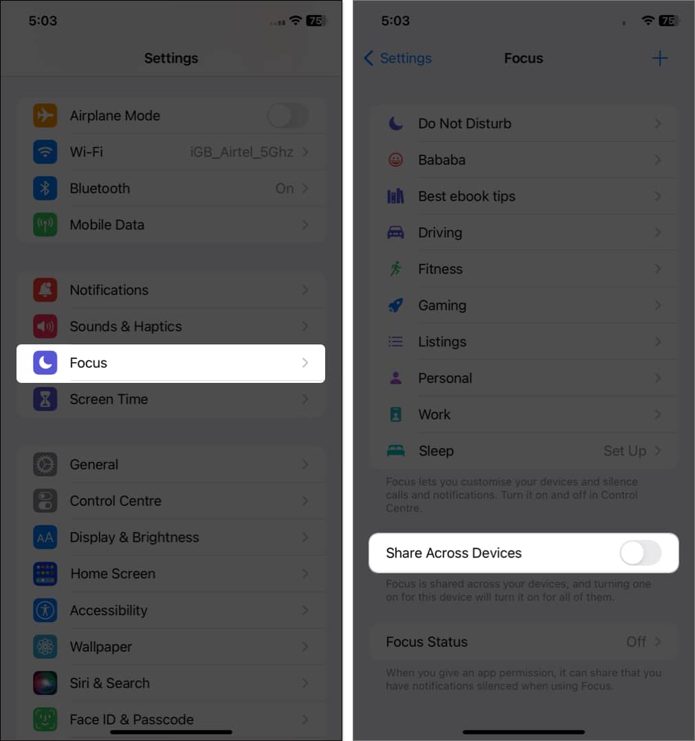 tap focus toggle off share across devices in settings