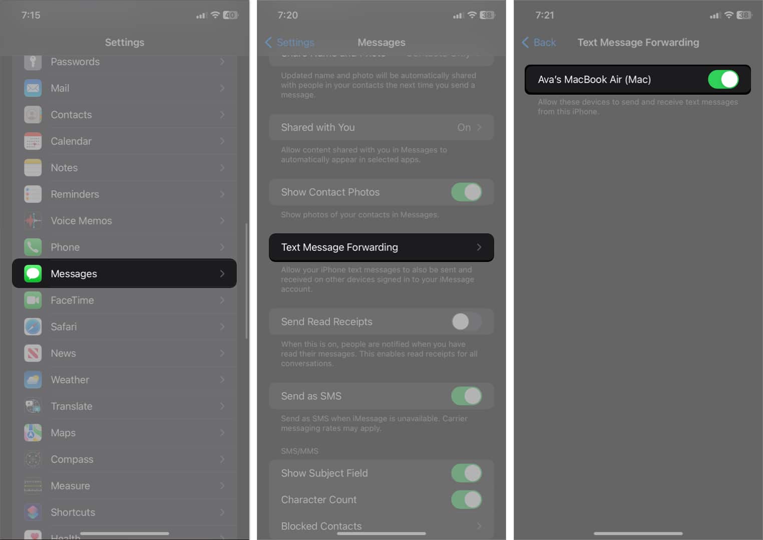 tap messages select text message forwarding toggle on mac in settings
