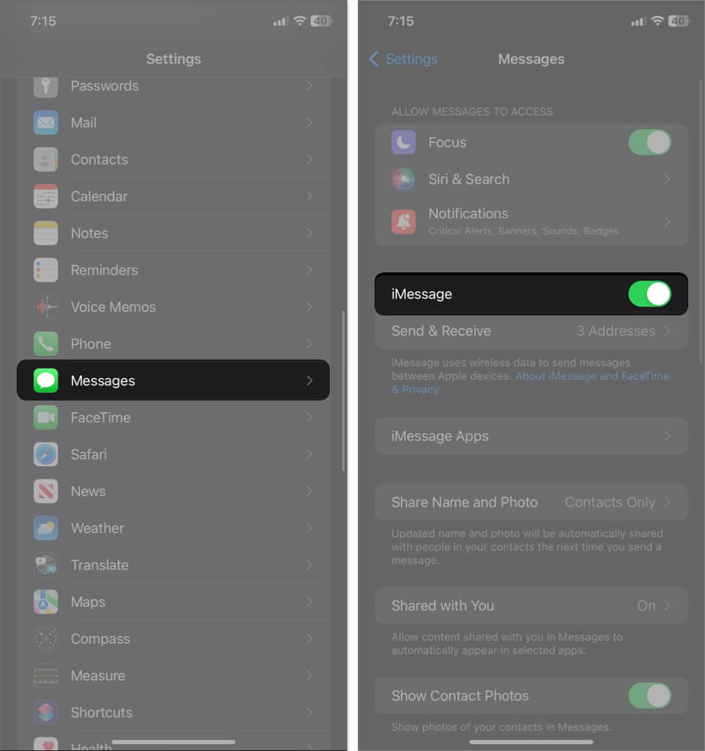 tap messages toggle on imessage in settings