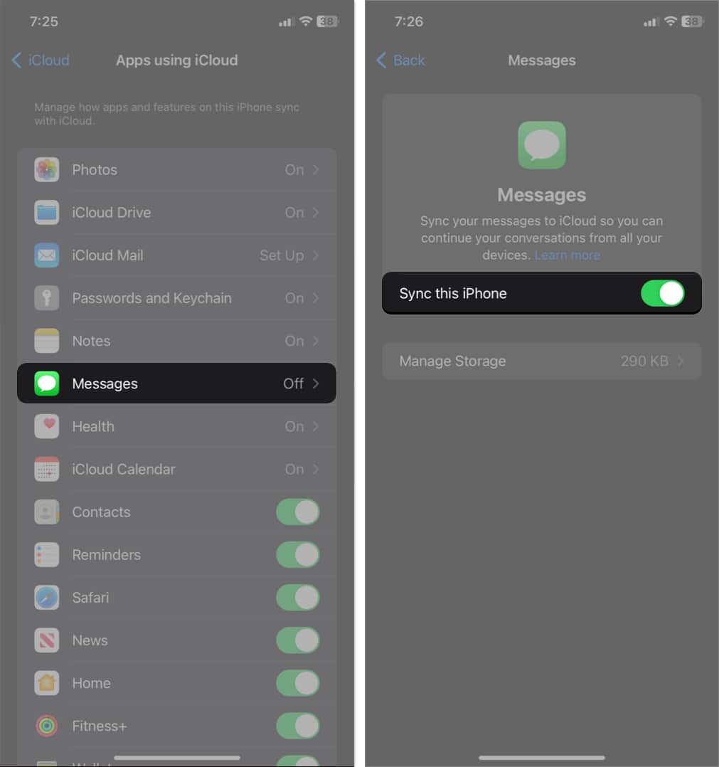 tap messages toggle on sync this iphone in icloud settings