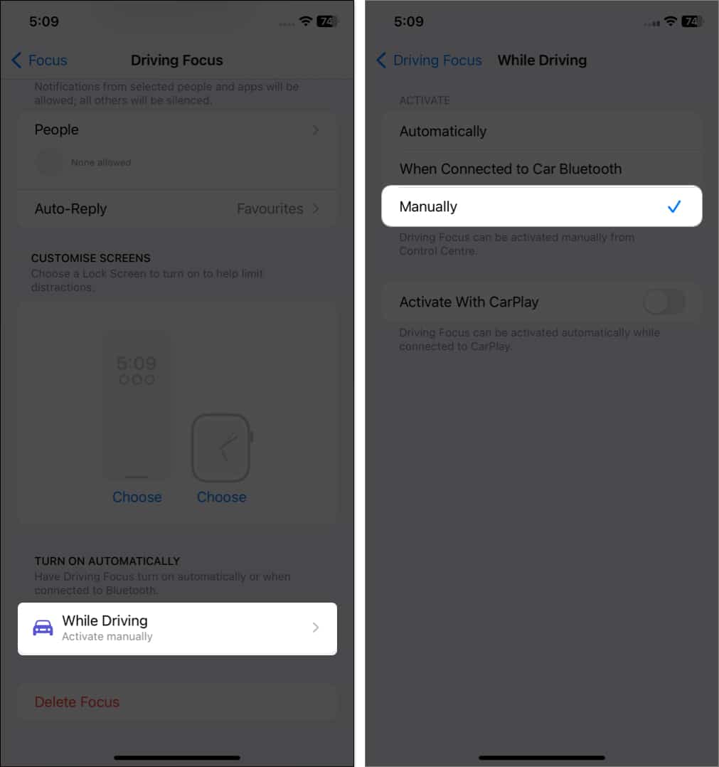 tap while driving select manually in Focus settings